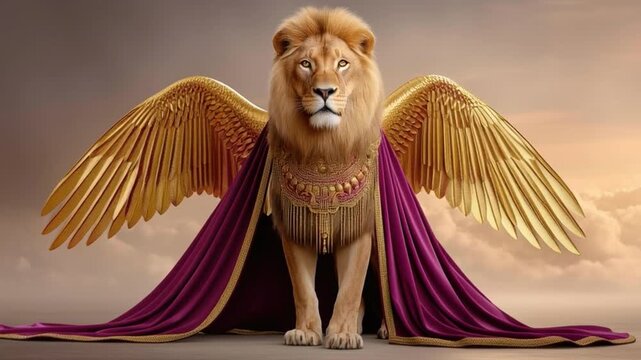 Majestic Lion with Golden Wings in a Royal Attire Surrounded by Clouds and Sunlight