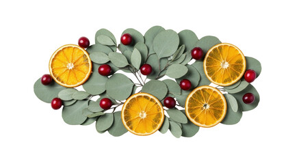 Isolated decorative arrangement with orange slices and eucalyptus leaves for Christmas table