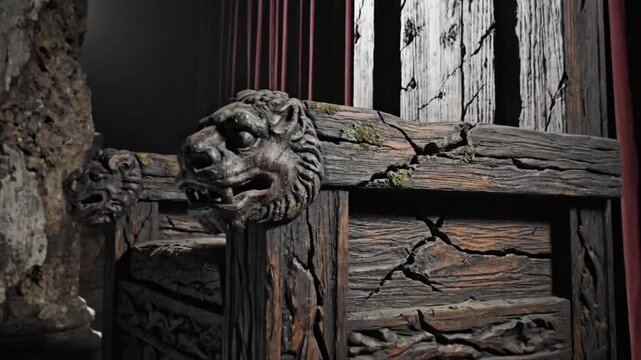 An ornate weathered thronelike chair with lion head armrests stands before tall wooden slats and red curtains