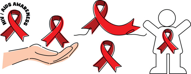 collection set of hiv aids awareness elements illustration clipart, save hand holding red satin ribbon with hiv aids awarenss text lettering, group of red awareness ribbon bow sign symbol artwork 