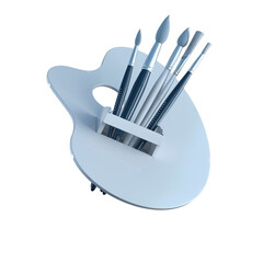 White artist palette with assorted paint brushes in a row isolated on transparent background with soft studio lighting
