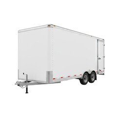 White Cargo Trailer With Dual Axles Parked Outdoors Showing Its Side And Rear Door With Reflective Strips And Metal Fenders Under Natural Lighting