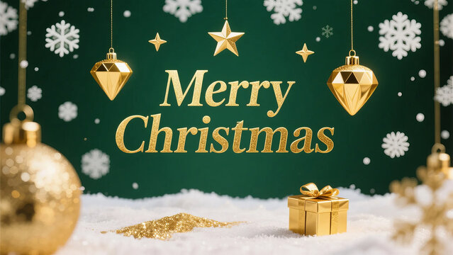 Merry christmas with golden ornaments, snowflakes and a gift box on a green background