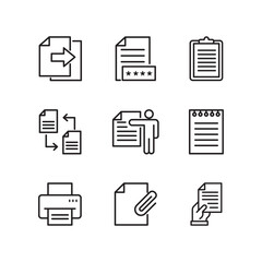 Collection of black and white document icons representing various file management and paperwork tasks. Financial Document Analysis and Calculation Icons Set. Modern flat vector illustration of contact