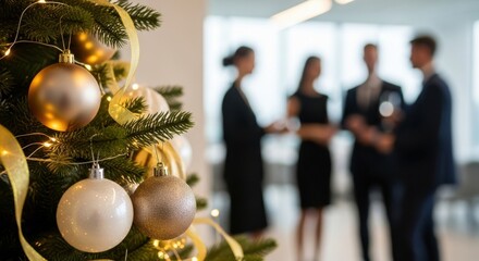 Office holiday party with decorated Christmas tree and blurred colleagues celebrating in modern workspace