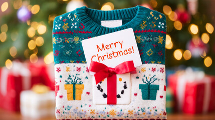 Christmas sweater with bow. A cozy sweater displayed with a cheerful Christmas card and a red bow, ready for holiday giving near a decorated tree.