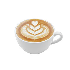 White ceramic cup filled with frothy cappuccino coffee featuring latte art of a heart shape and delicate leaf patterns isolated on a black background with studio lighting