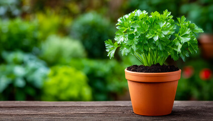 Cilantro in a table pot. A vibrant cilantro plant sits in a terracotta pot on a wooden table, surrounded by greenery in the garden.