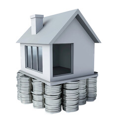 White house structure on stacked grey rocks with chimney and large windows isolated on a transparent background symbolizing real estate stability or foundation