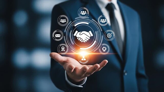 Business professional showcasing a digital concept of global partnership and strategic collaboration through a holographic handshake icon, representing secure agreements and network solutions