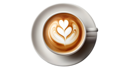 Top view of cappuccino with latte art showing heart design on saucer