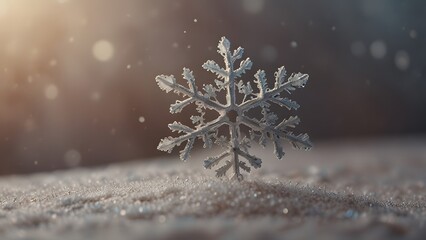 Finely detailed single snowflake crystal resting gracefully on a frosted white sparkling surface with aesthetically blurred warm golden background lights providing a peaceful winter atmosphere.