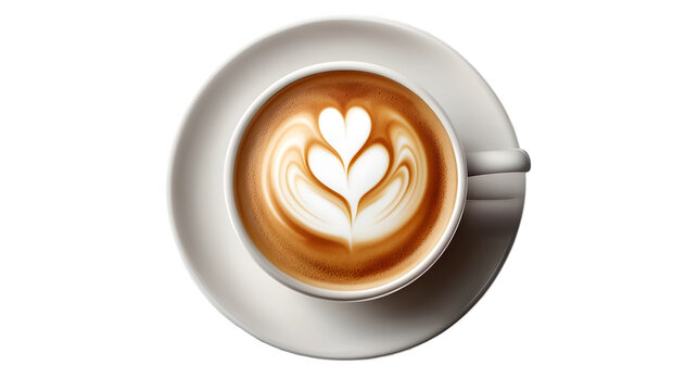 Top view of cappuccino with latte art showing heart design on saucer