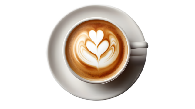 Top view of cappuccino with latte art showing heart design on saucer