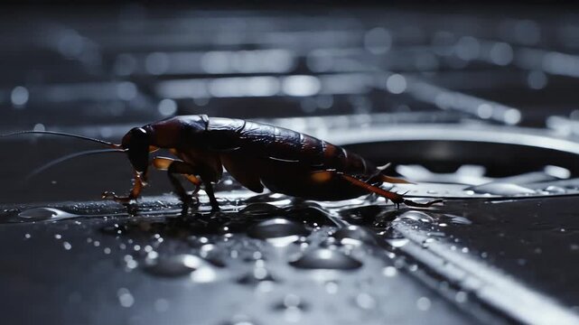 Cockroach on sink surface with droplets close up view