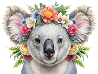 Closeup portrait of a cute koala wearing a vibrant floral crown, isolated on a transparent background, showcasing its fluffy ears and gentle expression, perfect for childrens themes and nature art