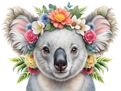 Closeup portrait of a cute koala wearing a vibrant floral crown, isolated on a transparent background, showcasing its fluffy ears and gentle expression, perfect for childrens themes and nature art