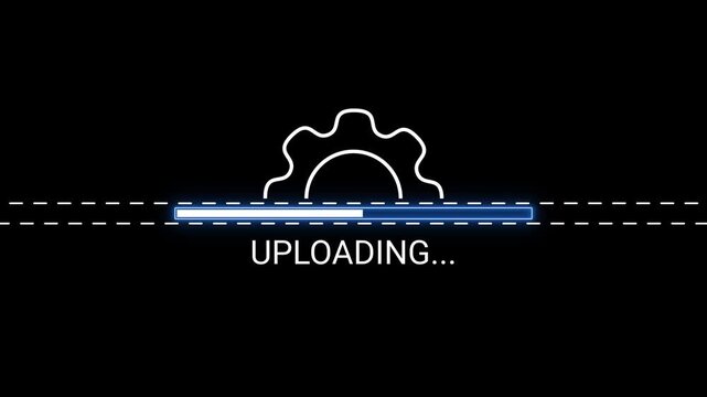 Digital progress bar with gear icon and text UPLOADING on black background loading uploading