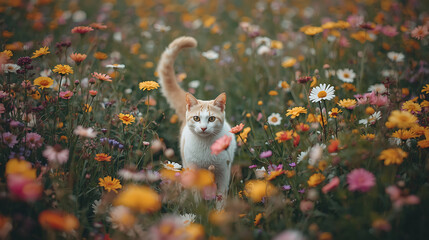 Ginger tabby cat in a vibrant flower meadow
