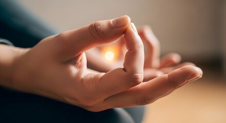 Close-up of a person's hands holding a small candle in a meditative mudra gesture with warm lighting.
