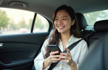 Young Asian woman smiles using smartphone in car backseat. She wears seatbelt, checks ride app, travels to her destination. Modern transport for urban commute.