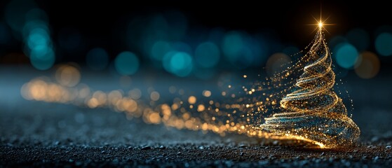 Abstract Christmas tree of emerald green and soft gold particles spiraling to a jewel-like star, with deep emerald gradient and golden bokeh trail for luxurious sophisticated holiday art