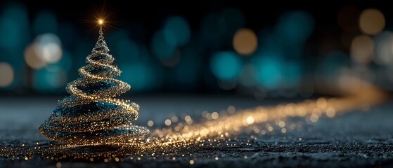 Abstract Christmas tree of emerald green and soft gold particles spiraling to a jewel-like star, with deep emerald gradient and golden bokeh trail for luxurious sophisticated holiday art
