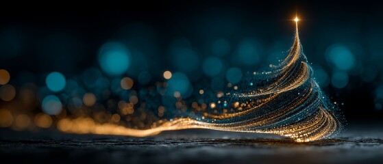 Abstract Christmas tree of emerald green and soft gold particles spiraling to a jewel-like star, with deep emerald gradient and golden bokeh trail for luxurious sophisticated holiday art