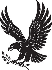 Obraz premium A majestic black eagle in flight holding an olive branch with leaves
