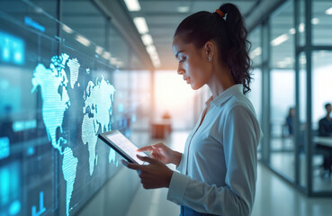 Black businesswoman uses tablet with world map hologram. Future tech interface data analysis in modern office. Global network information cyberspace.