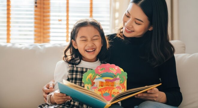 Joyful moments between mother and daughter while reading a pop-up book at home in the afternoon light - Powered by Adobe