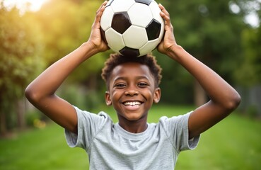 Obraz premium Smiling african american boy holds football over head in green garden. Young kid enjoys playtime, showing happiness and excitement during outdoor leisure. Soccer fan loves sport.