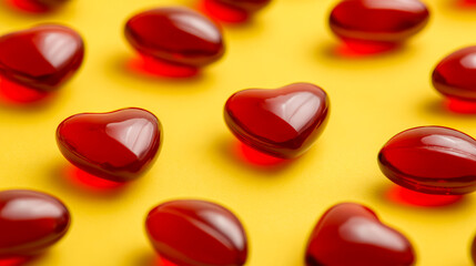 Colorful heart candies on bright bg. A simple display of shiny red heart-shaped candies scattered on a yellow surface, creating a cheerful scene.