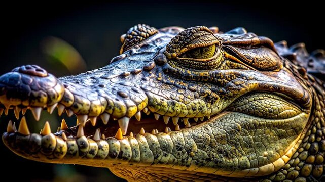 Close up of a crocodile showing its sharp teeth and eye.