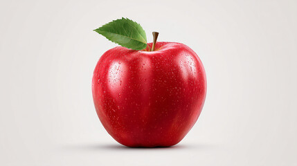 Close up of a shiny red apple with a green leaf and water droplets on a white background
