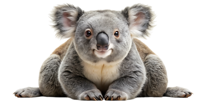 A cute koala bear lying down, isolated on transparent background, with its fluffy ears and gentle expression, showcasing its unique appearance and charm as an iconic australian marsupial