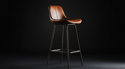 Bar stool with brown leather seat and sleek metal frame on black background