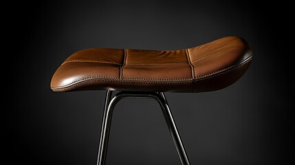 Bar stool with brown leather seat and sleek metal frame on black background