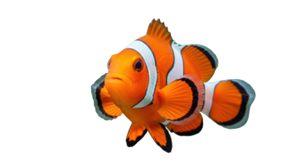 Isolated Orange Clownfish swimming peacefully, tropical fish with white stripes and black markings