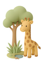 Cute Cartoon Giraffe Beside Tree with Grass and Rocks in Nature Scene