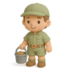 Cute cartoon character in safari outfit with bucket of eggs