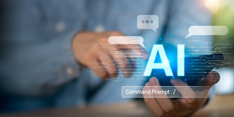 Artificial intelligence concept with futuristic command prompt and chatbot communication, symbolizing AI technology, automation, and digital transformation for business, innovation, creative solutions