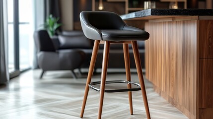 Bar stool with leather upholstery and wooden legs in a room