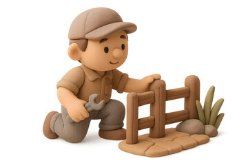 Cartoon character working on a wooden fence with a wrench tool