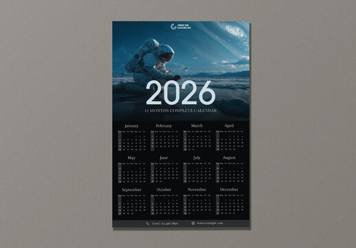 Editable 2026 Yearly Wall Calendar Template with Astronaut on Alien Planet in Blue Space Theme Design.