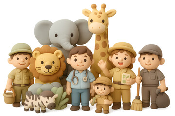 Cute Cartoon Animal Keepers with Wildlife Characters in Colorful Scene