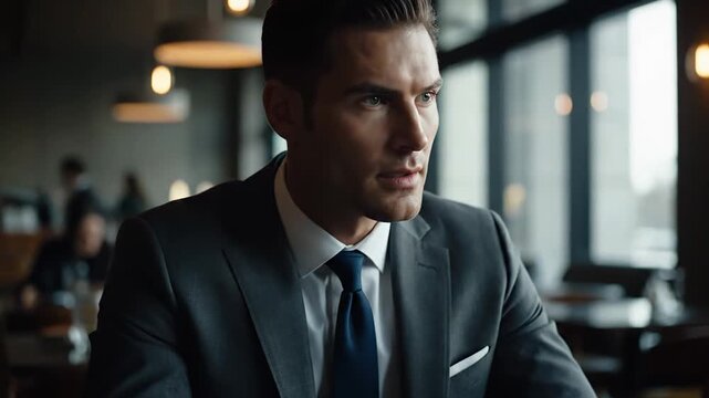Poised and contemplative young professional sitting solo in a contemporary coffee shop, straightening his attire before a scheduled appointment