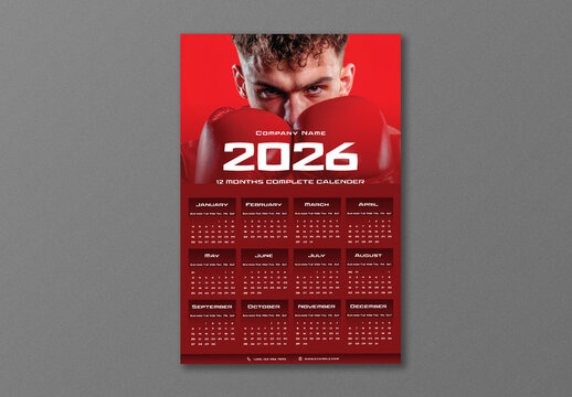Editable 2026 Yearly Wall Calendar Template with Boxer Man Image in Red Theme Design.