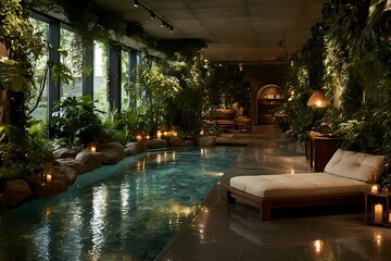 Luxury indoor wellness pool with green plants and candlelight