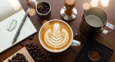 Overhead view of a cup of latte art coffee on a wooden desk with a notebook, coffee beans, and a pitcher of milk.